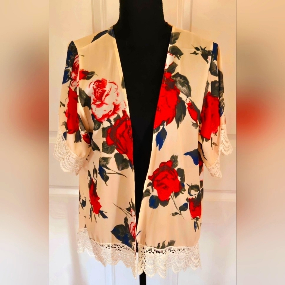 KIMONO Roses Lace Detail Cream w/ Blue and Green One Size Fits Most